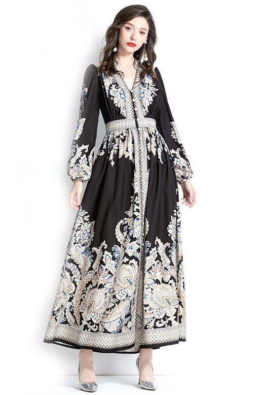 Monochrome Paisley Charm Maxi Dress